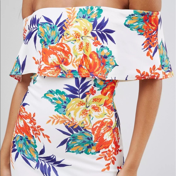 PrettyLittleThing White w/ Floral Bardot Printed Dress - Picture 14 of 14